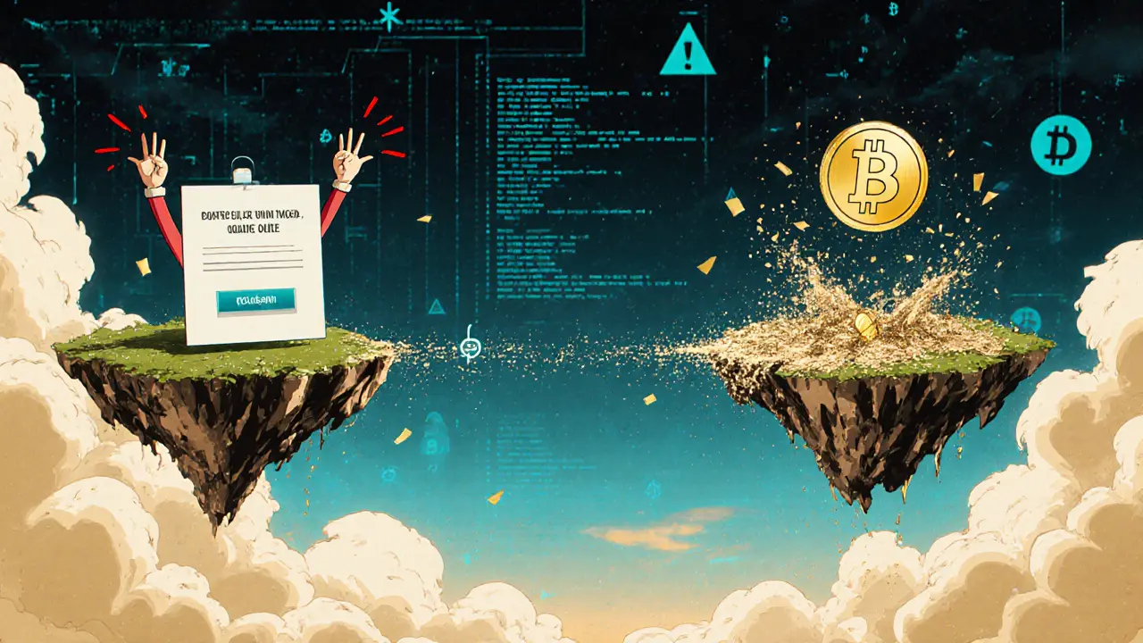 Two digital shards connected by a fading bridge, one confirming a transaction while the other loses the coin to digital dust.