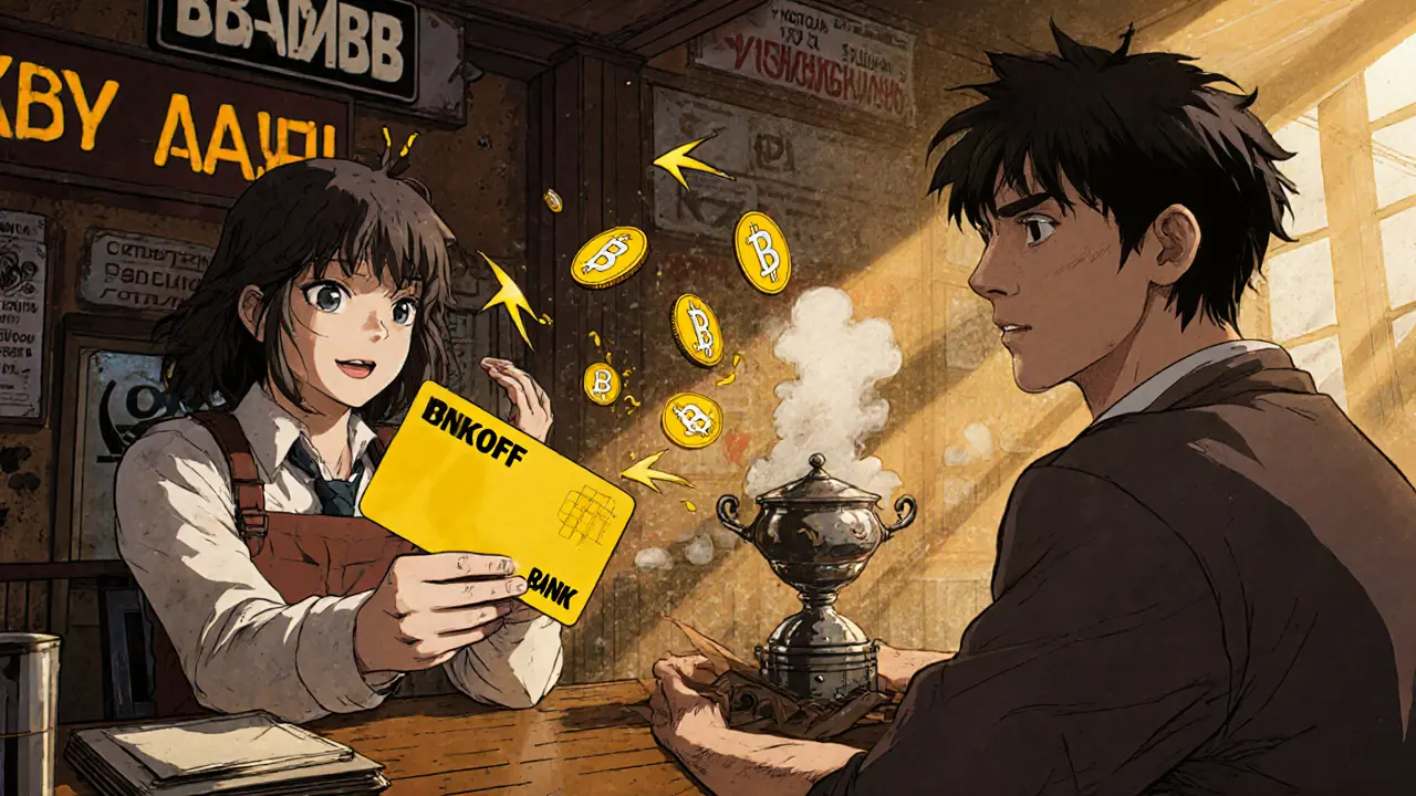 Two people trading crypto in a Moscow café using a Tinkoff bank card, digital currency flowing between them.