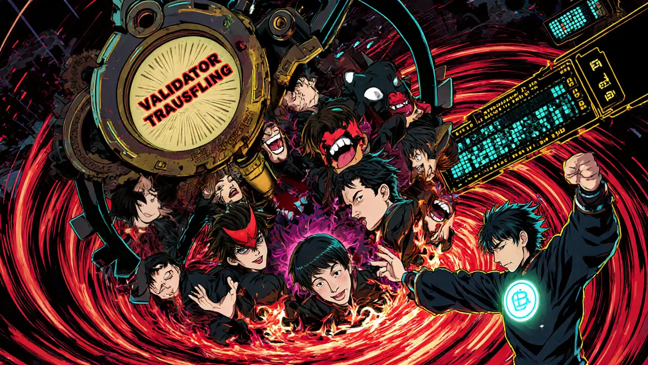 Validator reshuffling vortex with demons slipping into a shard, a hero trying to stop the chaos amid glitching gears.