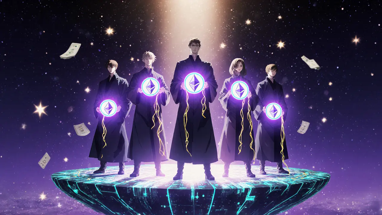 Validators on a floating platform receiving transaction fees as golden streams from the Ethereum blockchain.