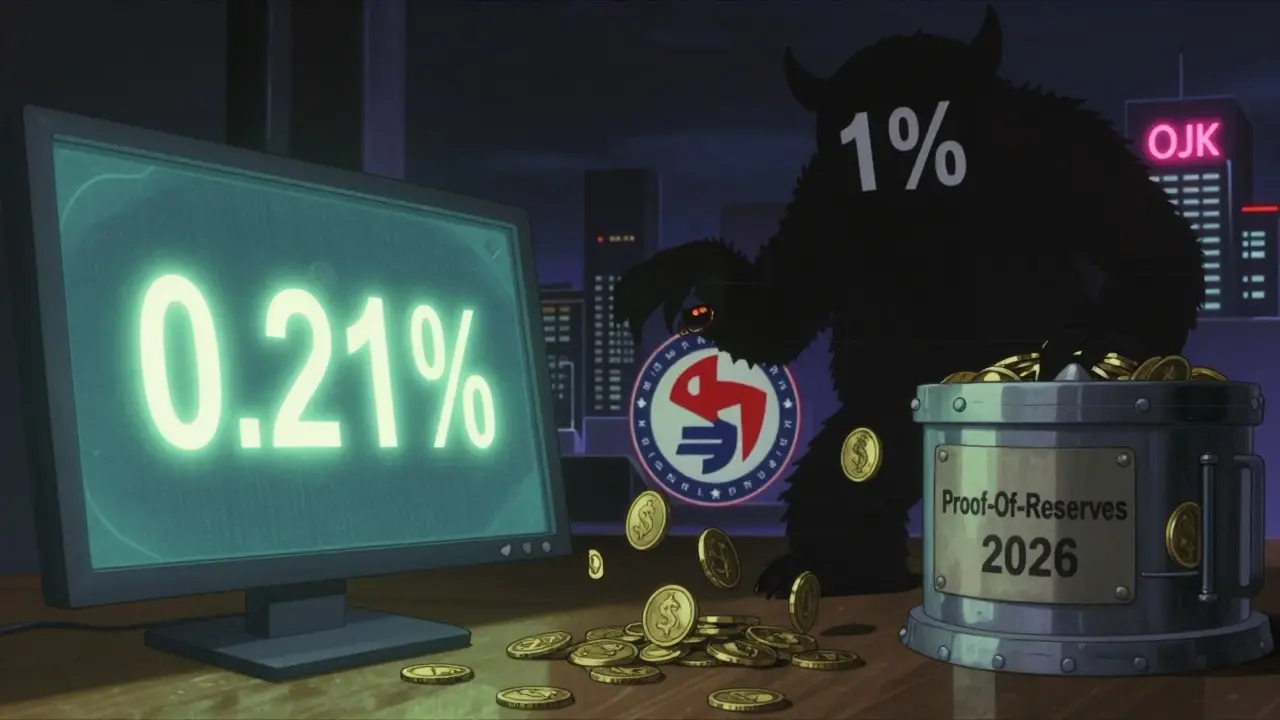 0.21% tax icon glowing on exchange screen vs 1% tax monster, retro anime style