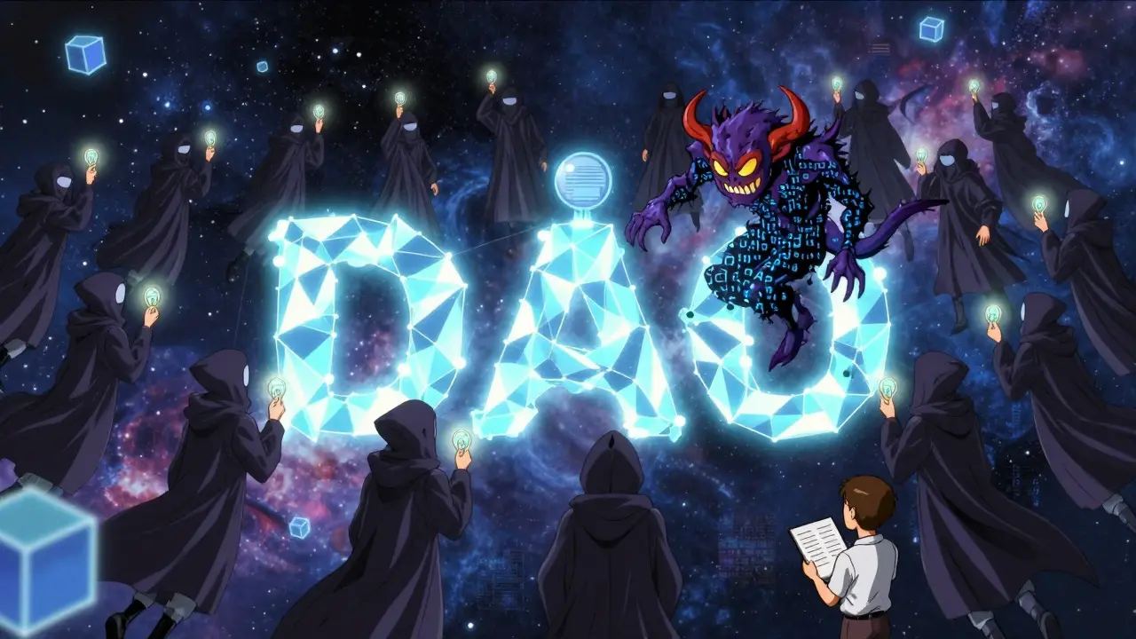 A cosmic DAO of masked auditors casting votes to destroy a corrupted smart contract, surrounded by floating blockchain nodes.