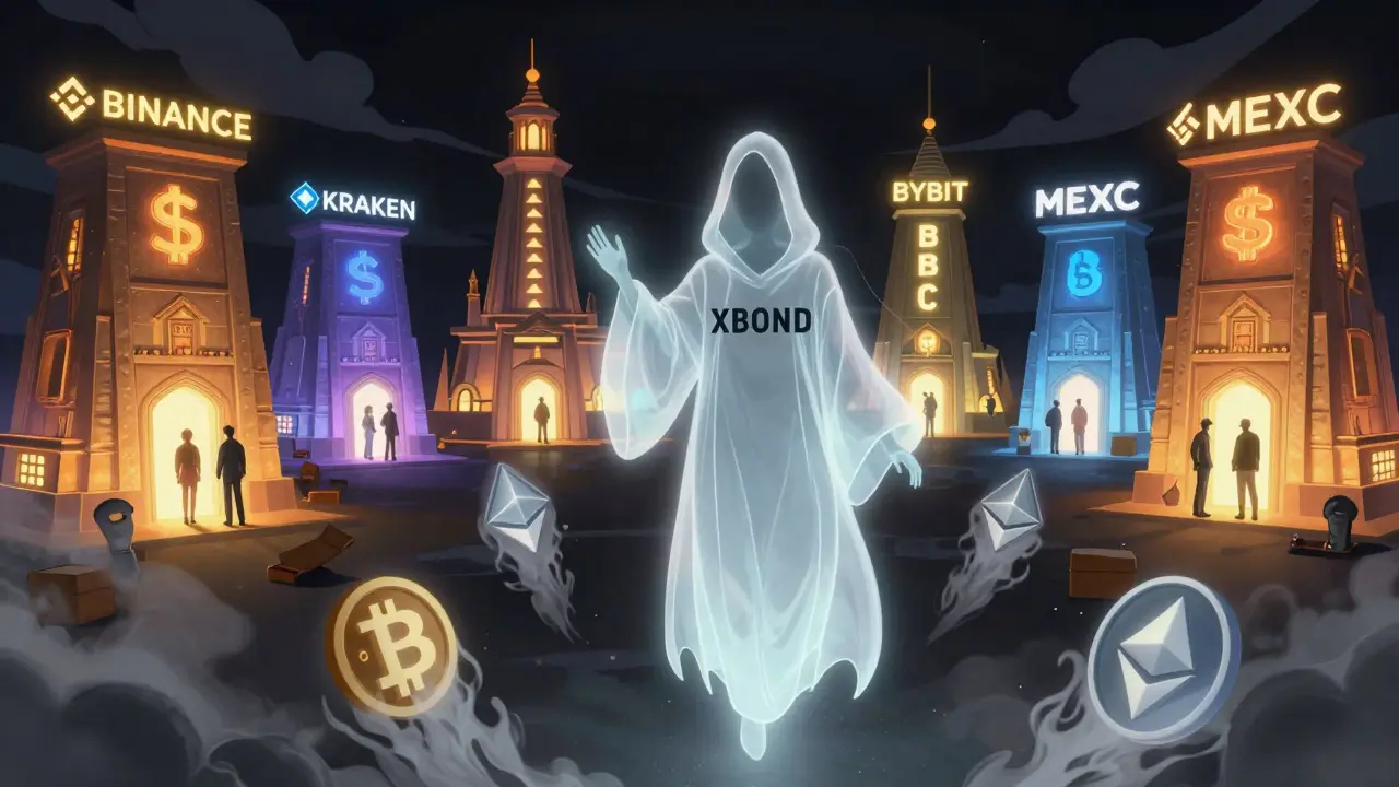 A ghostly XBOND figure dissolving crypto coins, while five active exchanges shine brightly in the background.