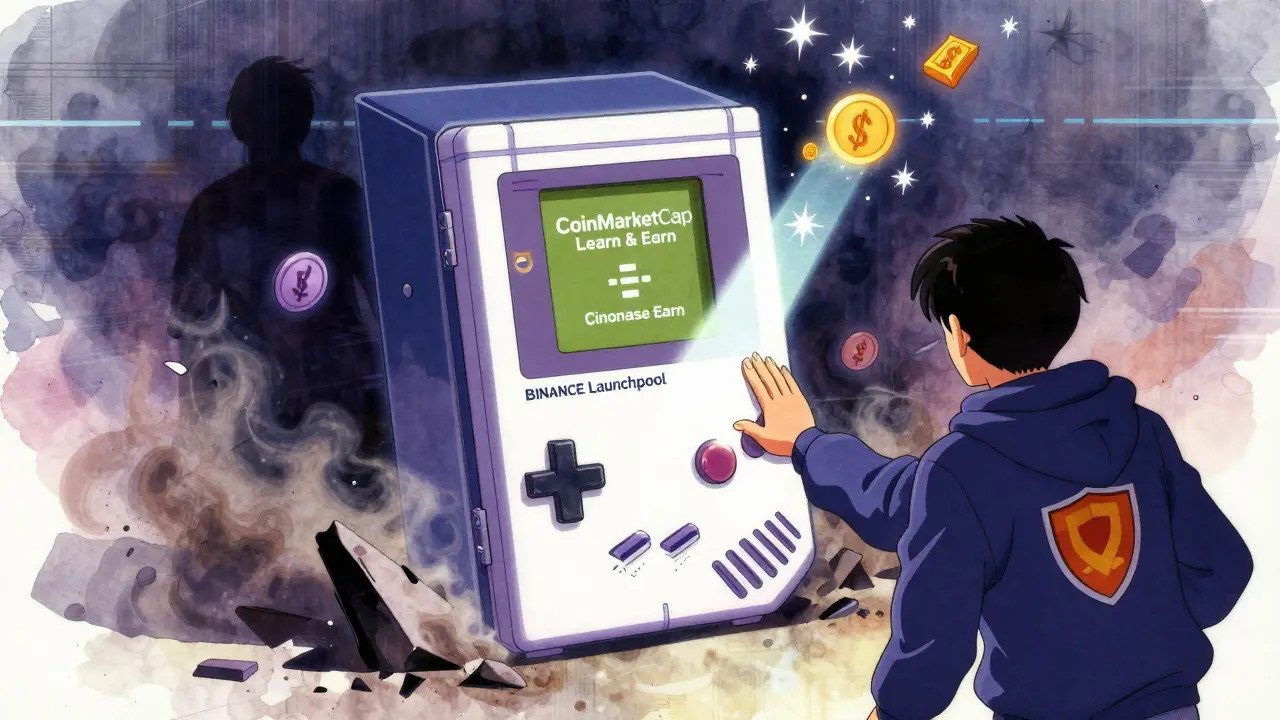 A glowing Game Boy-shaped portal emits safe rewards while scam tokens crumble, in nostalgic retro anime style.