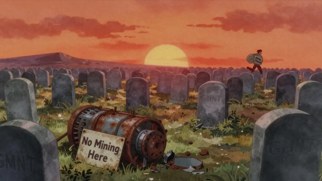 A graveyard of GMNT wallet tombstones under a sunset with a broken mining rig.