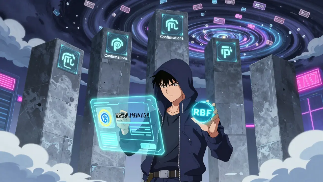 A hacker tracks a delayed crypto transaction as six concrete blocks rise behind them, mempool storm swirling in the sky.