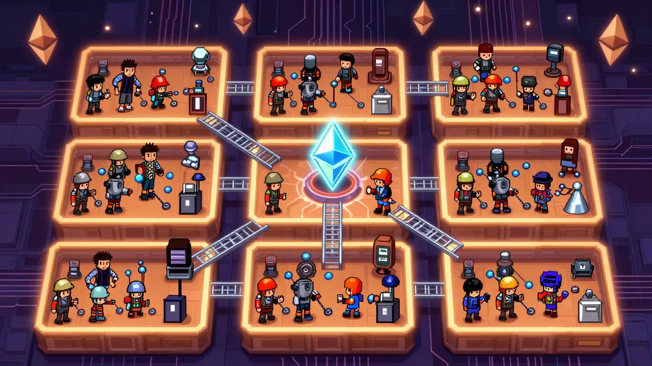 A massive warehouse split into 64 glowing shards, each with worker nodes and floating tokens.