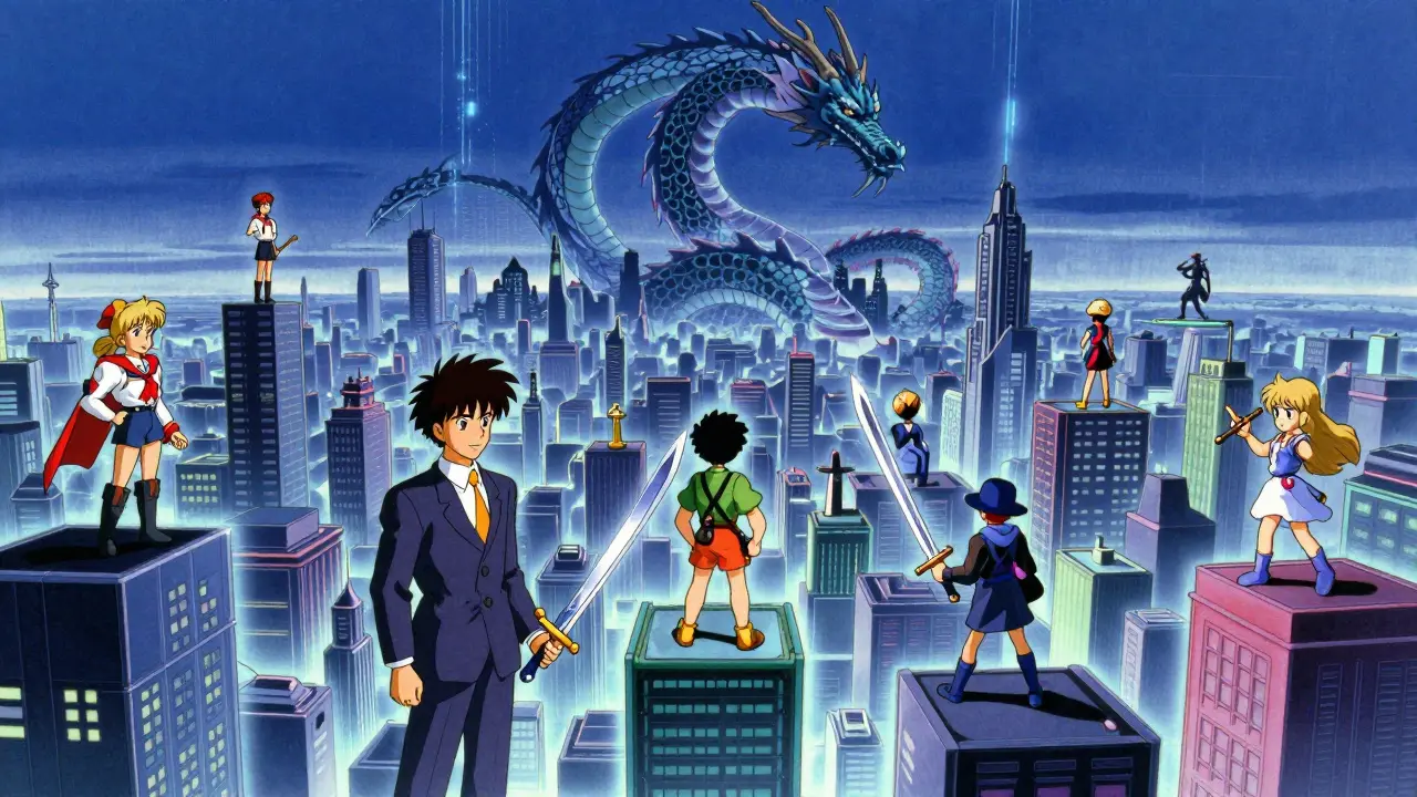 A metaverse city where players trade NFTs across shards, with a ZK-rollup dragon above.