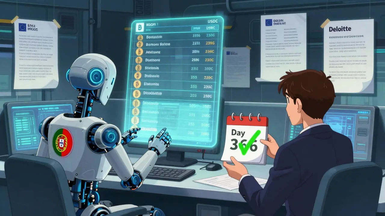 A robot accountant scanning a blockchain ledger with a &#039;Day 366&#039; calendar in a futuristic Portuguese tax office.