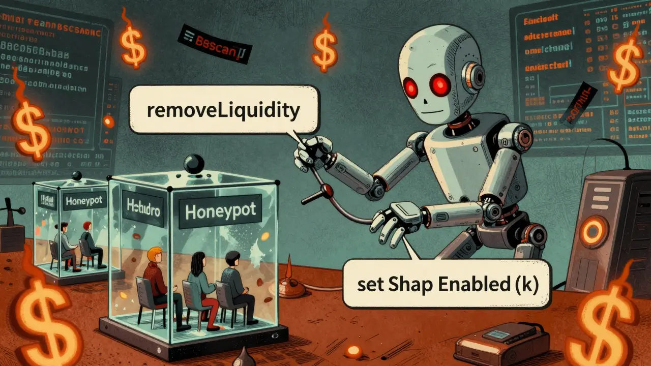 A sinister mechanical puppet manipulates smart contract functions while trapped investors look on.