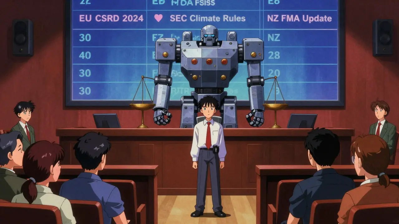 A small founder stands before a robotic judge made of blockchain blocks, with changing regulations flashing on a screen behind them.