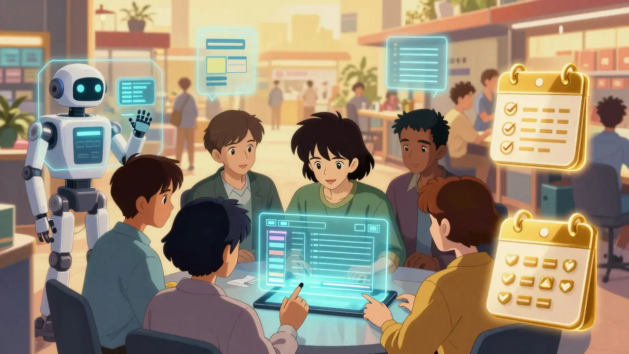 A team updates a holographic compliance register as automated systems and a secure marketplace glow warmly in the background.