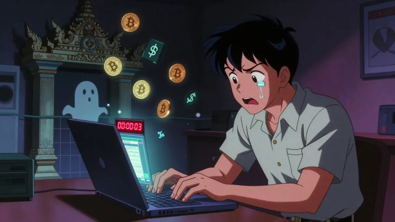 A Thai trader stares in panic at a frozen crypto wallet with a countdown timer, ghostly tokens drifting toward a blocked gate.