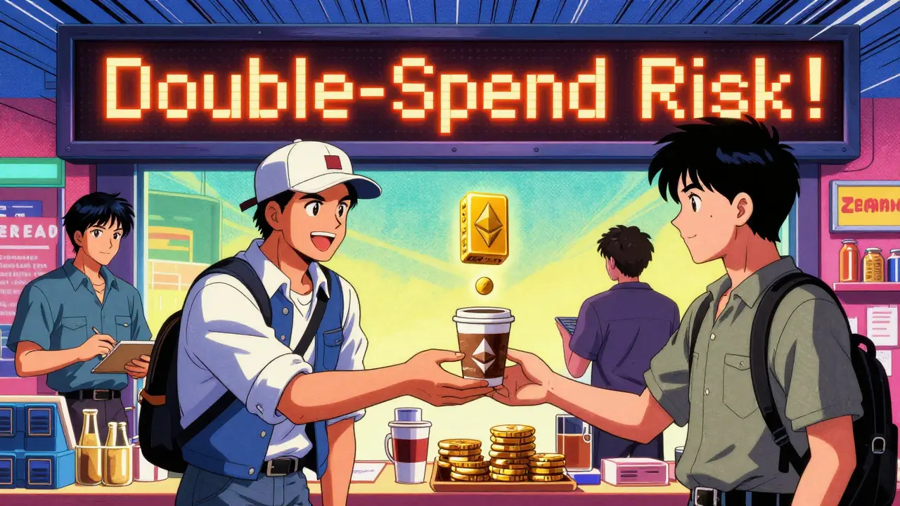 A vendor gives coffee to a customer while a single-block Ethereum transaction hovers above, warning signs glowing nearby.