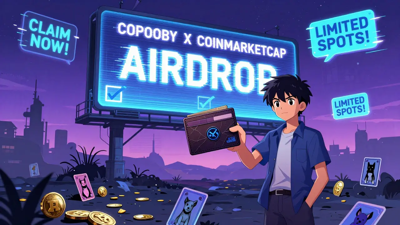 A young person in a digital wasteland faces a fake airdrop billboard, surrounded by worthless tokens and NFT dog cards.