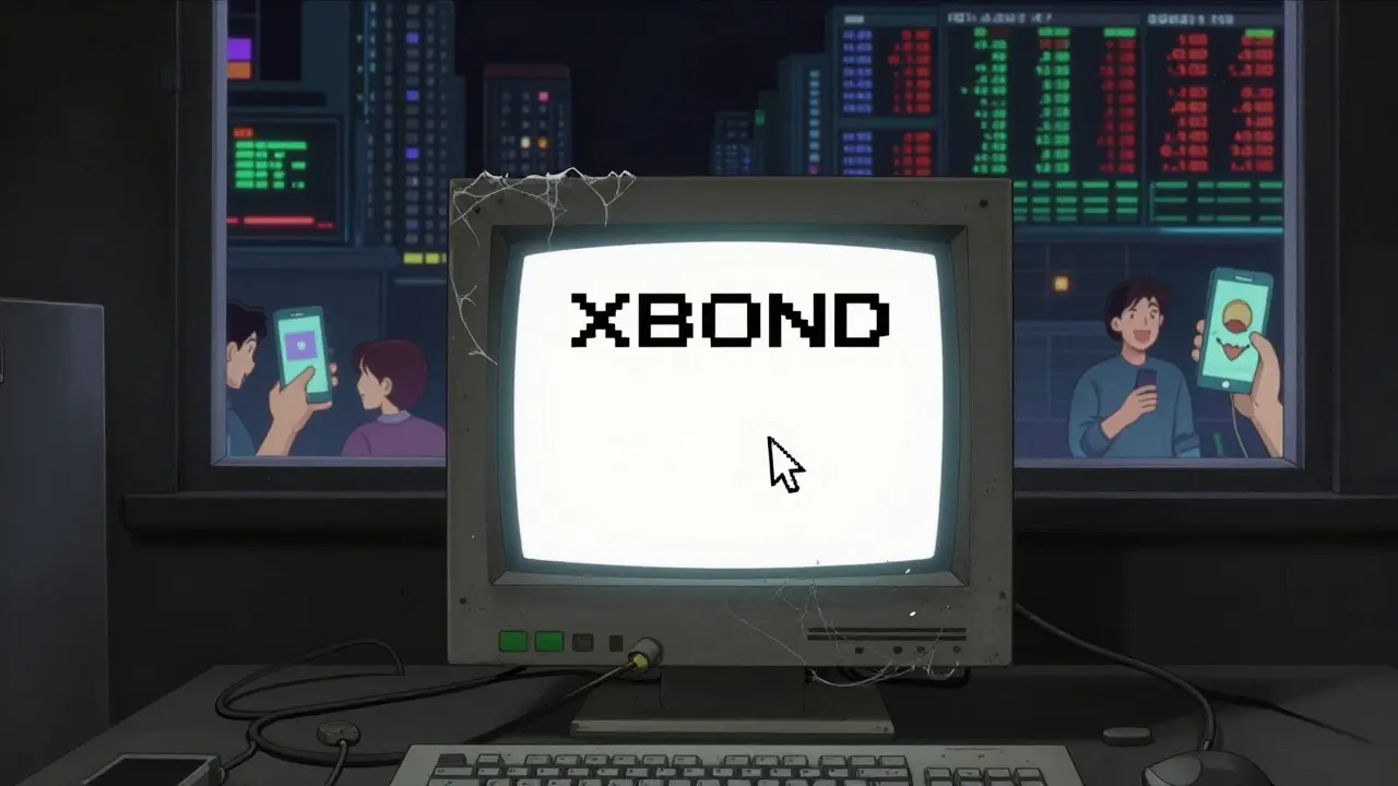 An abandoned computer with a blank XBOND screen, covered in dust and cobwebs, while a vibrant digital city glows outside.