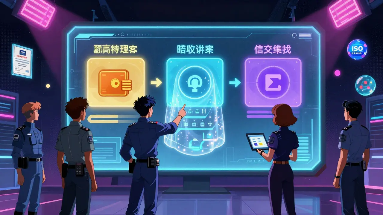 Anime-style auditors examining five layered blockchain systems with glowing interfaces and hidden privacy protocols.