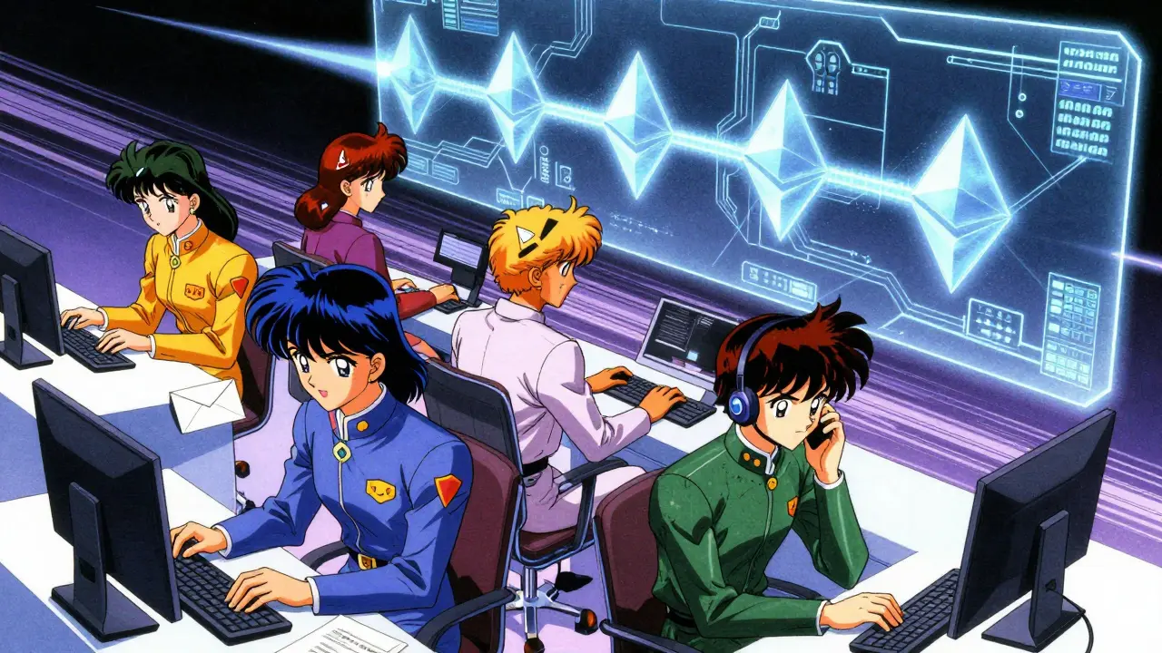 Anime team of workers in colored uniforms managing separate transaction shards under a glowing beacon chain.