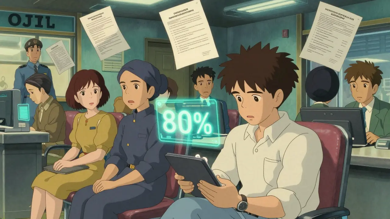 Applicants waiting at OJK office taking financial literacy test, retro anime aesthetic