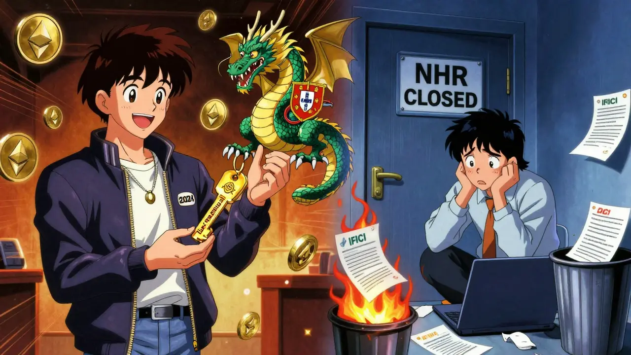 Contrasting scenes: a happy NHR recipient getting a tax-free key vs a trader facing a closed door in retro anime.