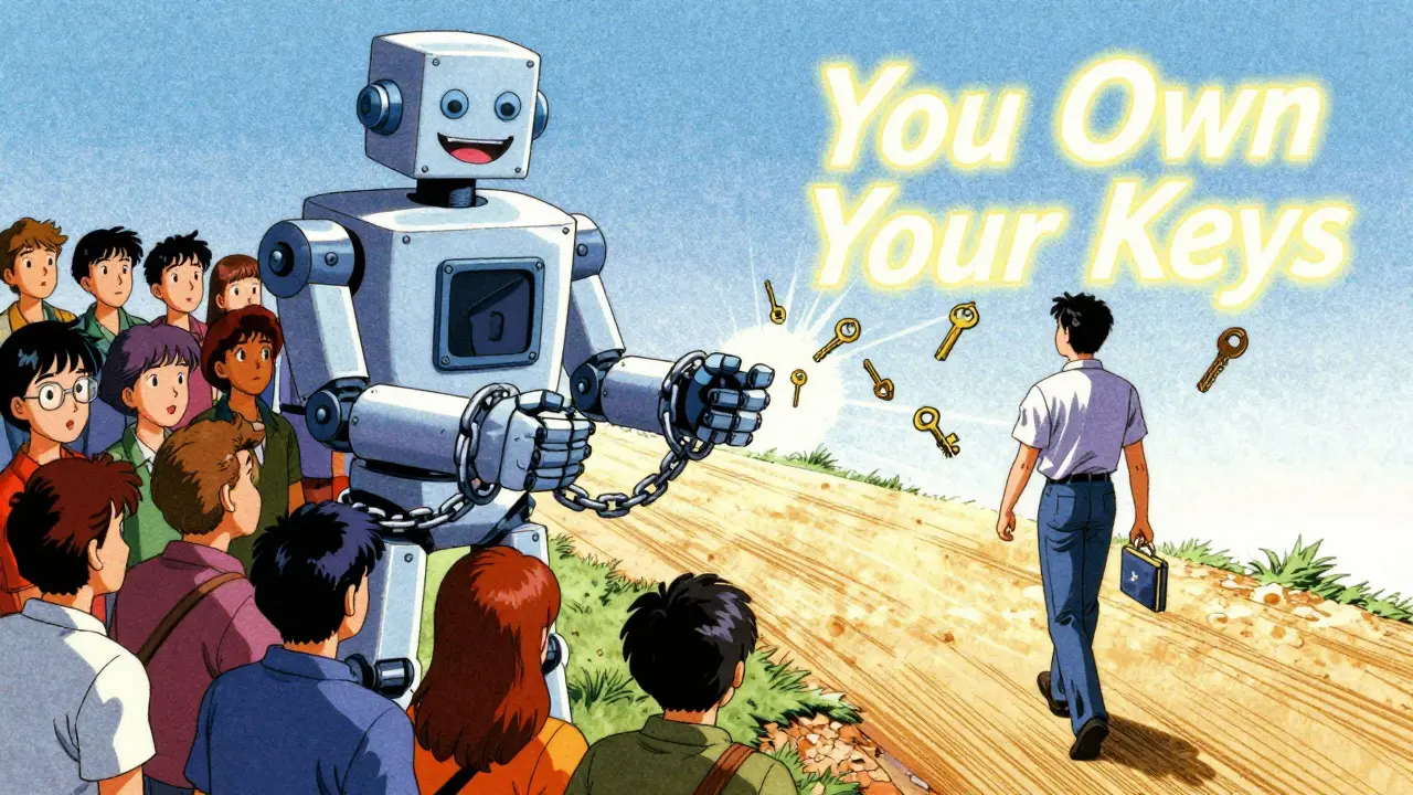 Divided path: crowd giving crypto to a robot exchange vs. one person walking away with a hardware wallet and floating keys.