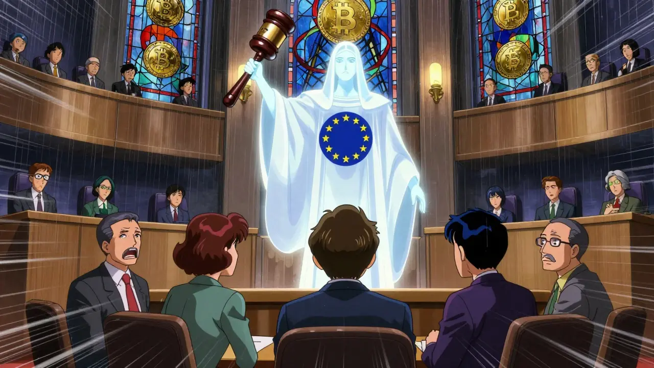ESMA as a celestial figure raising a gavel over crypto CEOs, with NCAs watching nervously in a dramatic courtroom.