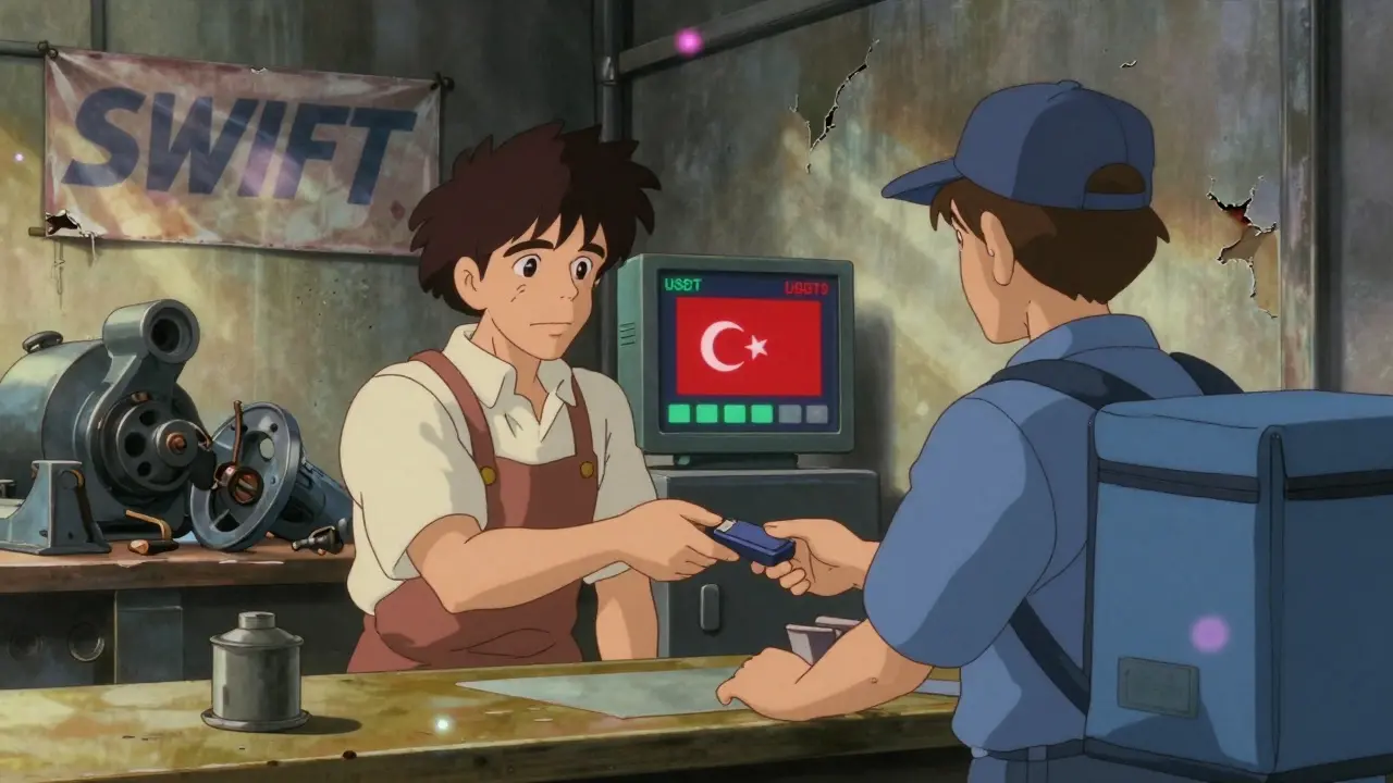 Factory owner in Rostov transferring USDT to Turkey, with broken machinery and torn SWIFT banner in background.