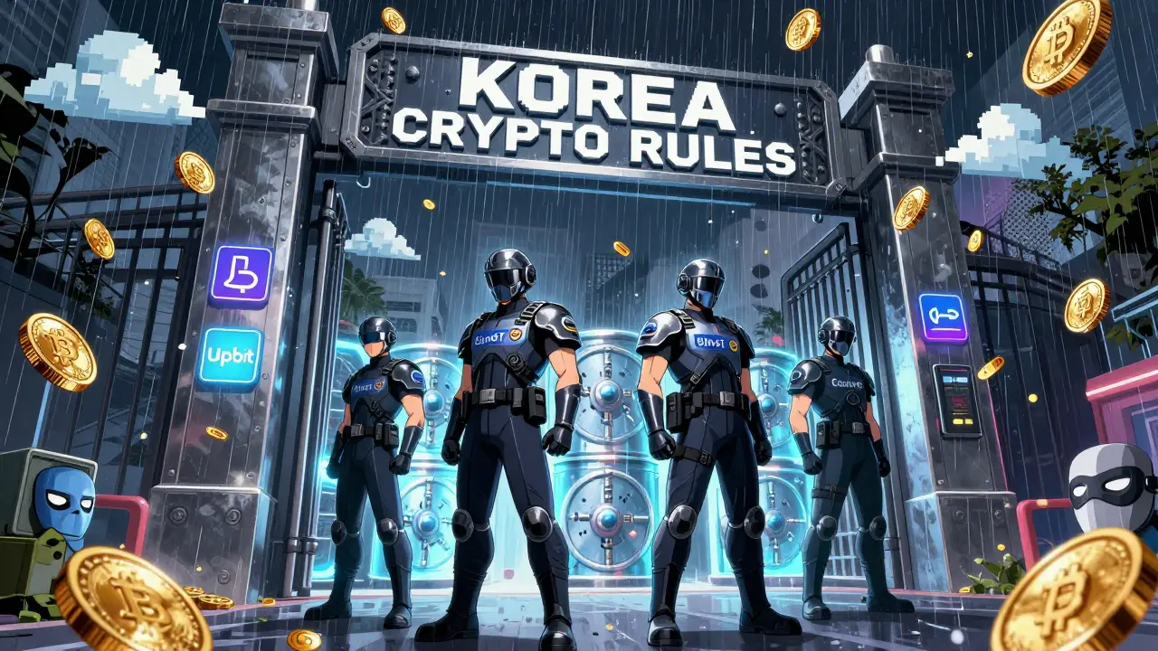 Four licensed Korean crypto exchanges guard a gate blocking foreign crypto coins and DeFi icons in a retro anime cityscape.