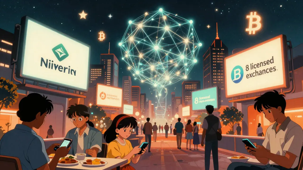 Futuristic Lagos skyline with glowing crypto exchange logos and a blockchain network above, citizens using digital payments at night.
