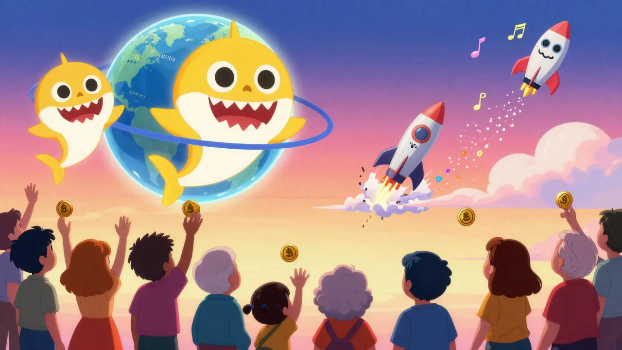 Giant Baby Shark tokens orbit a planet as diverse people reach up to catch them in a dreamlike digital world.