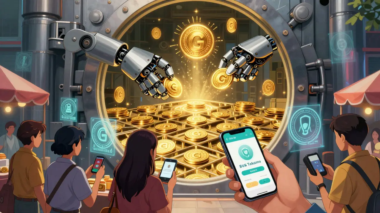 Golden G Tokens are minted in a futuristic vault as Thai citizens use a government digital wallet at a bustling street market.