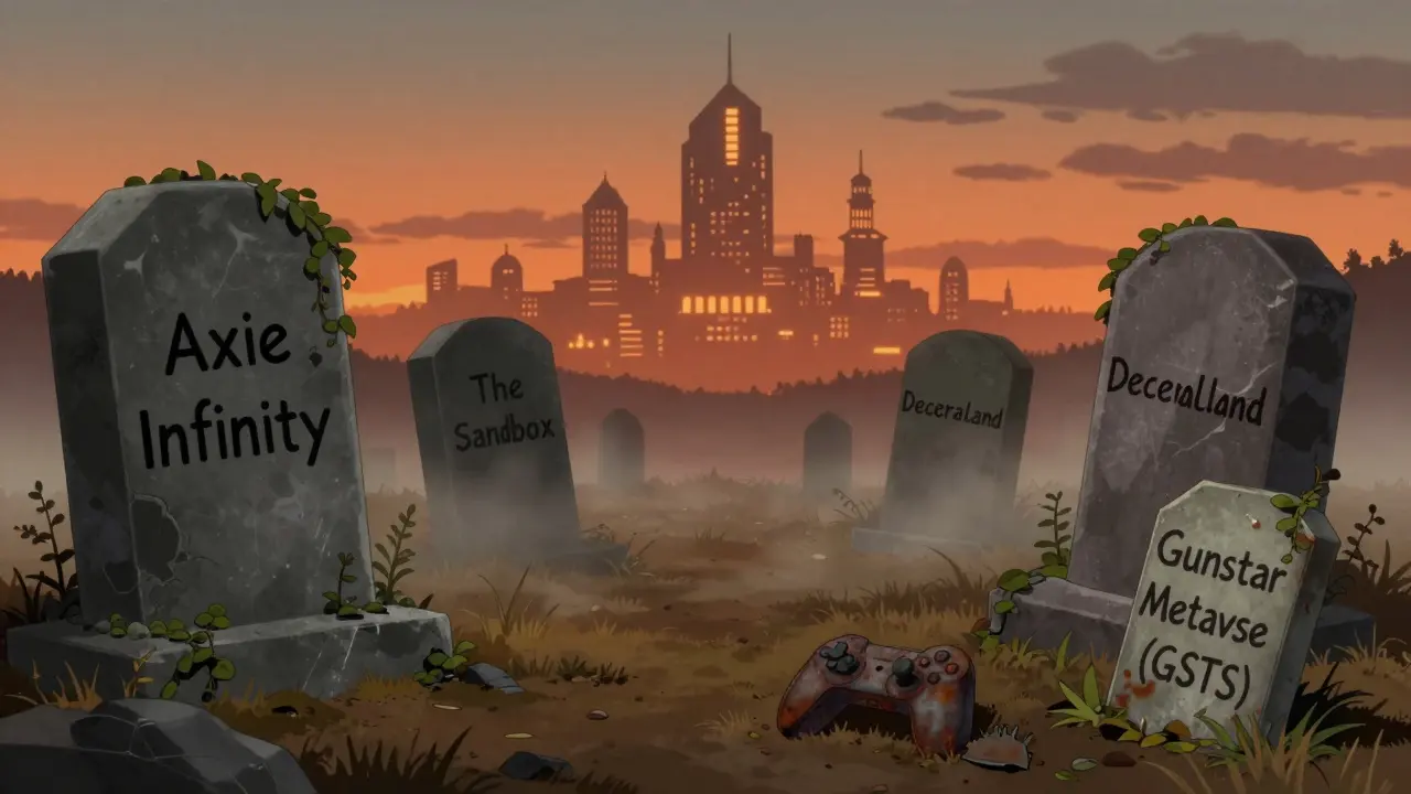 Graveyard of crypto projects with a crumbling tombstone for Gunstar Metaverse (GSTS).