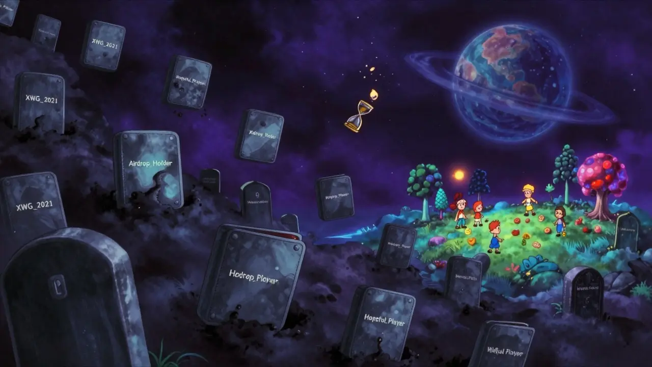 Graveyard of fading crypto wallets drifting in space beside thriving new games.