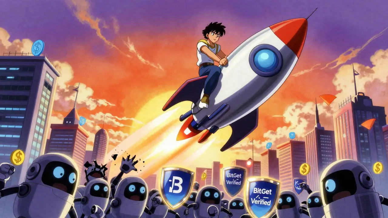 Hero riding an SXC-shaped rocket above a DeFi city, crushing scammer robots with Bitget shields.