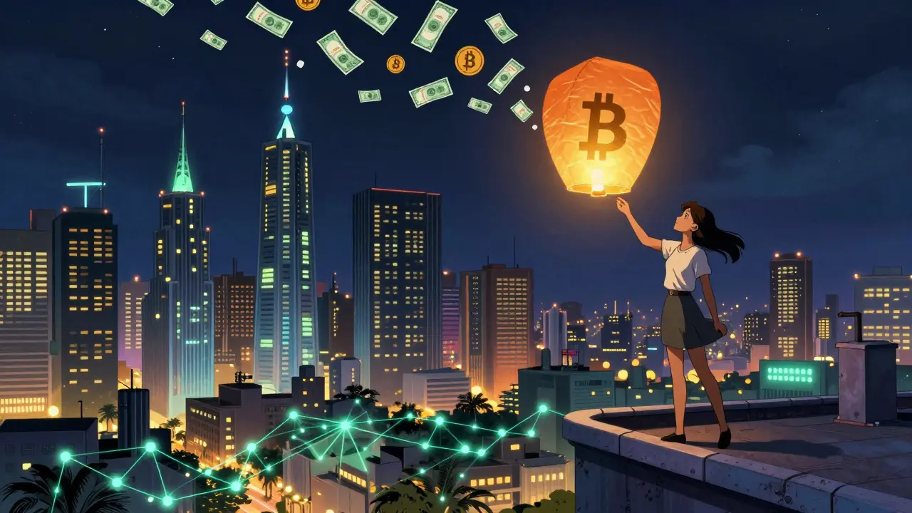 Lagos skyline with blockchain towers and a USDT lantern rising into the night, symbolizing crypto innovation.