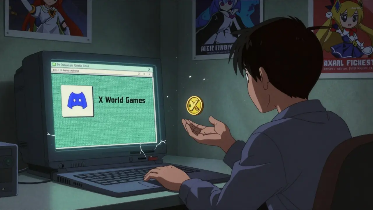Lonely player staring at a dead X World Games website in a dim room.