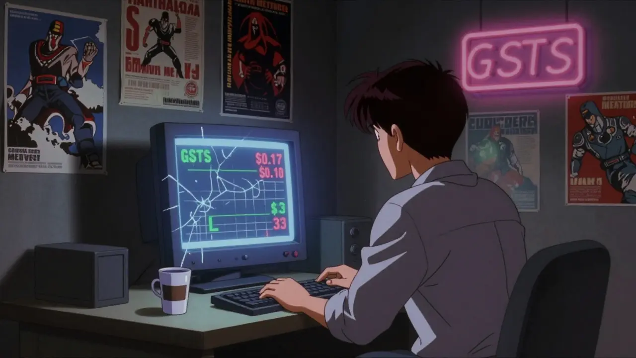 Lonely trader in a dark room staring at a flickering GSTS price chart with low volume.