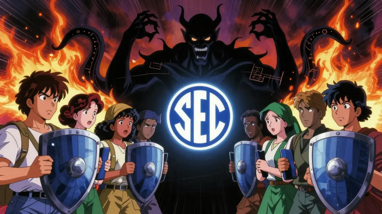 Nigerian users defending themselves against a demonic Ponzi scheme with hardware wallets, illuminated by the SEC Nigeria logo.