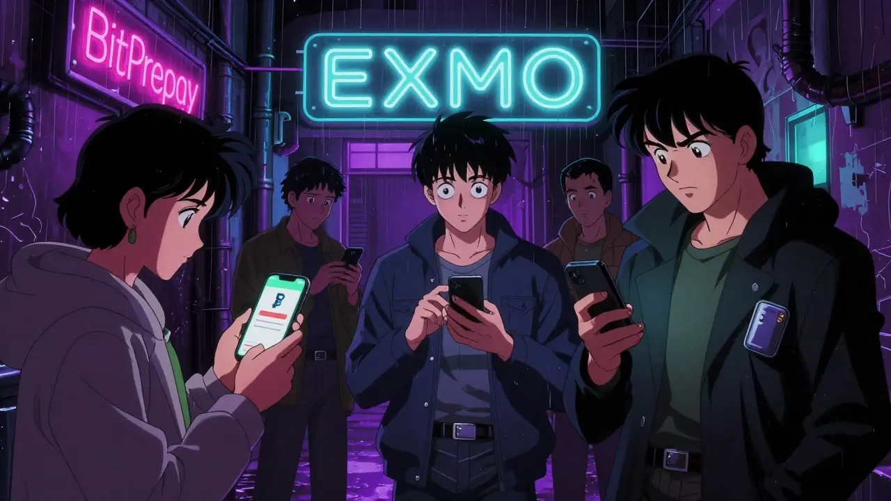 People trading crypto in a neon-lit underground hub, one checking a locked account, others using phone apps.