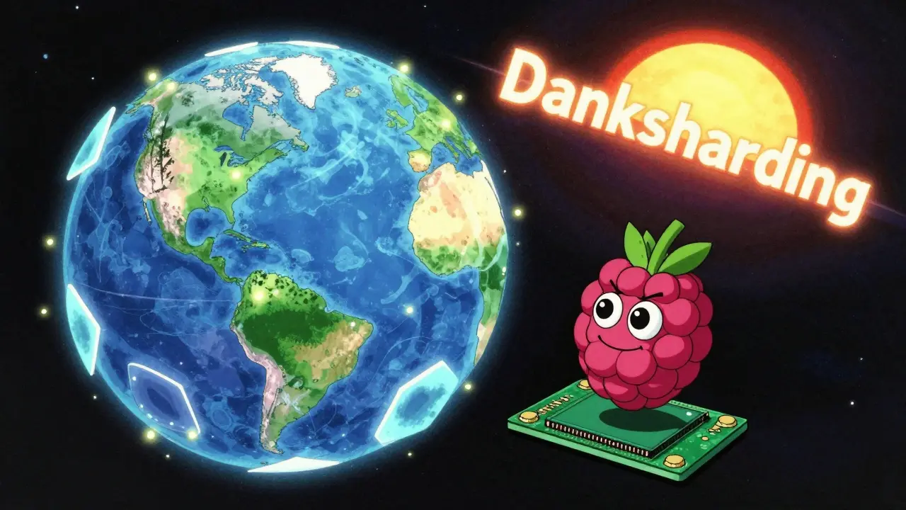 Raspberry Pi with anime eyes floating beside a blockchain splitting into 64 glowing shards under a Danksharding sun.