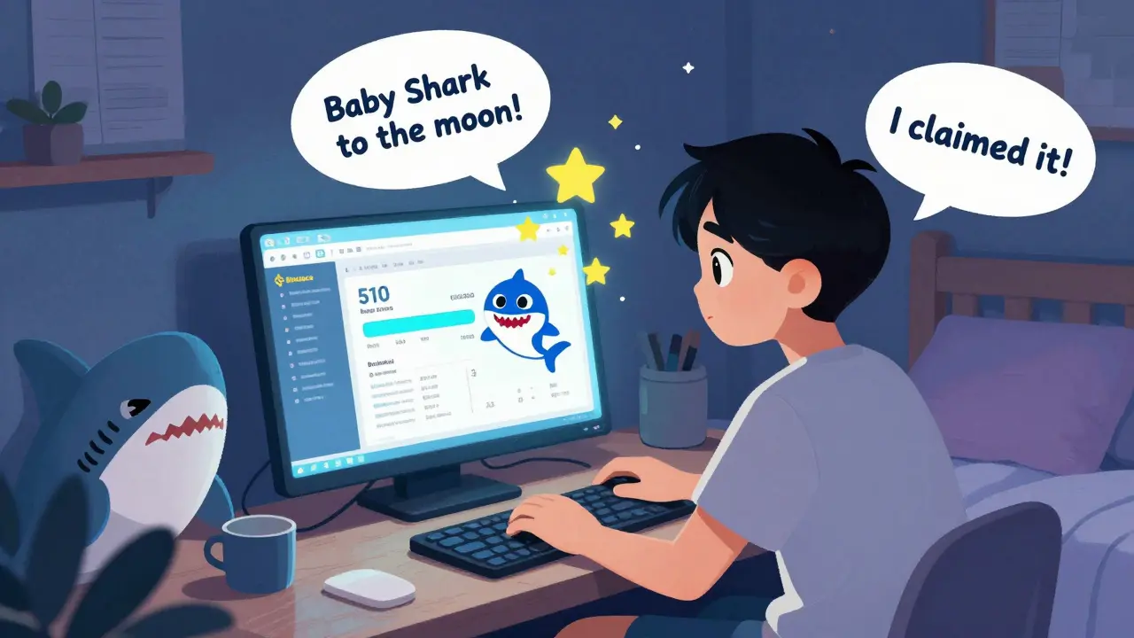 Teenager excitedly watches Baby Shark tokens appear on a glowing computer screen in a cozy bedroom.