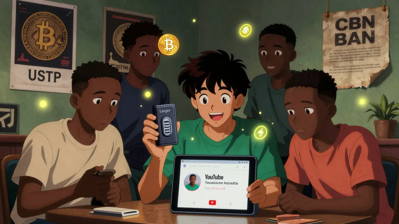 Teens learning crypto security from a YouTube tutorial, surrounded by Bitcoin posters and digital currency icons.