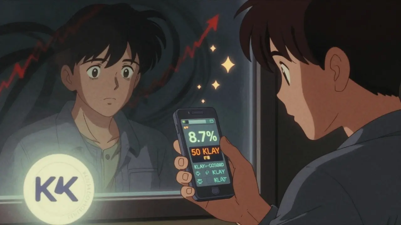 Trader alarmed by high slippage on mobile screen, contrasted with calm user staking KLAY.