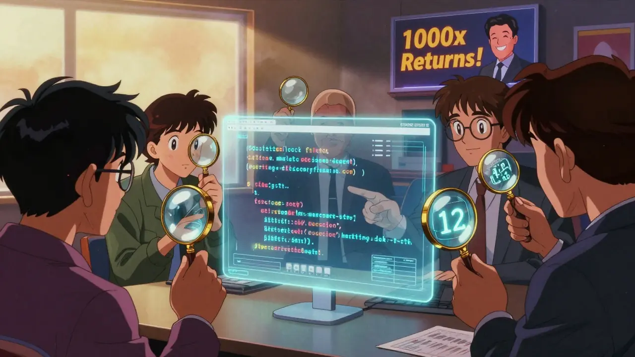 Traders examine a glowing smart contract for hidden risks under a hologram, one spotting a dangerous function.