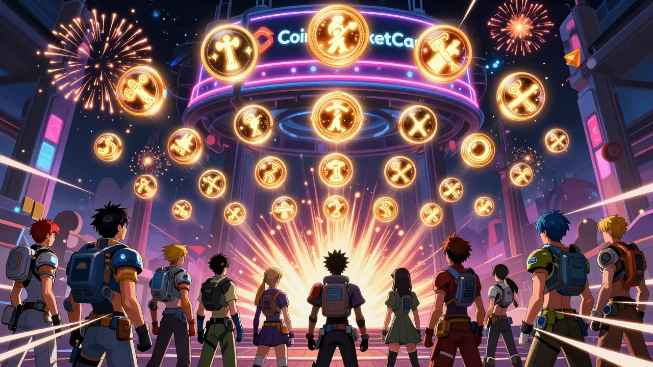 225 floating NFT chests drift above a battle arena with players looking up in anticipation.