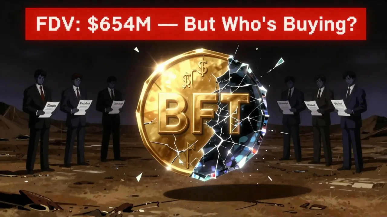 A cracked BFT token hovers over a digital wasteland with shadowy investors standing in the distance.