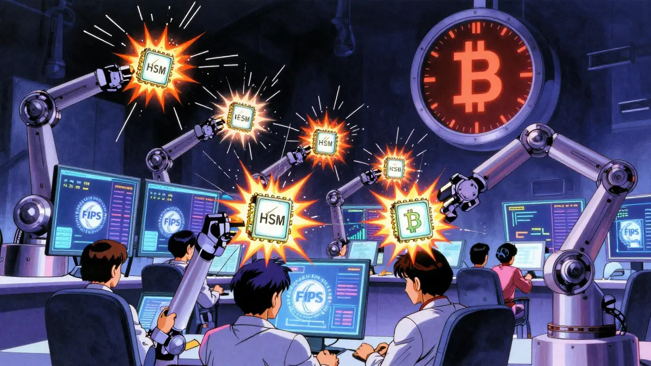 A crypto trading floor with robotic HSMs signing transactions and holographic dashboards in 90s anime aesthetic.