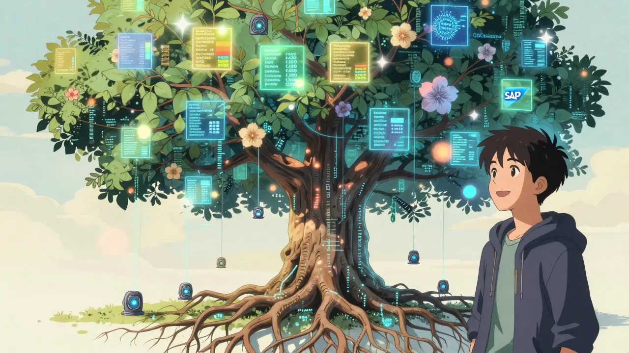 A digital tree with blockchain roots and data leaves, connected to sensors worldwide in retro anime style.