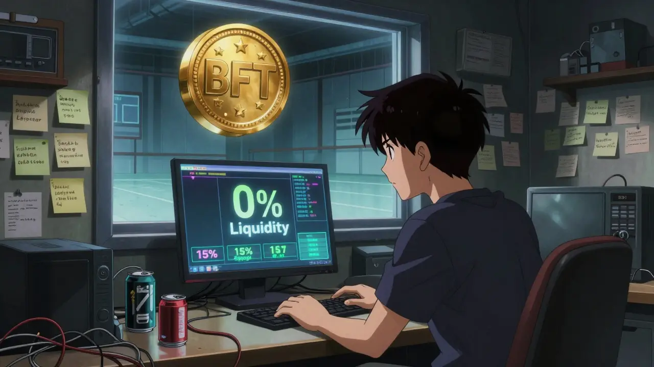 A frustrated user faces a '0% Liquidity' screen in a cluttered room filled with crypto paraphernalia.