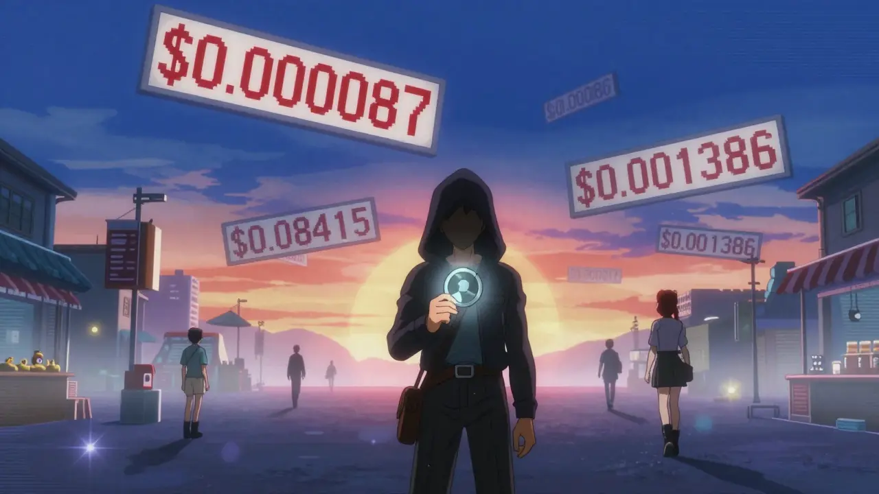 A lone figure holds a fading VIRGO token in an empty virtual marketplace with spinning price tags.